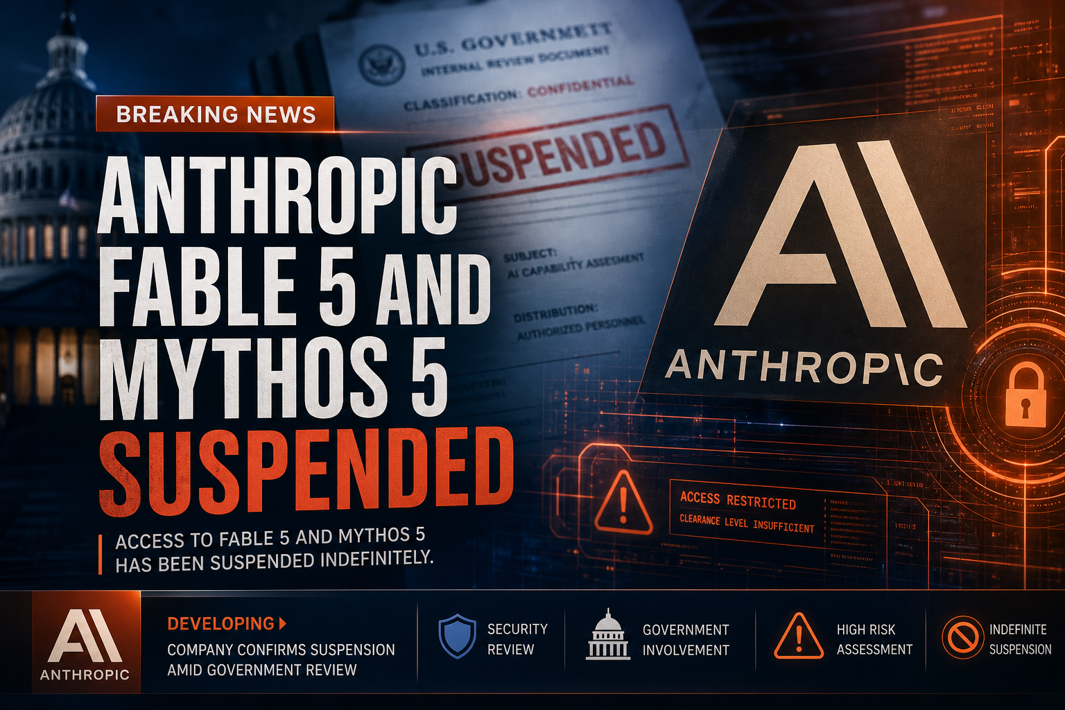 Anthropic news announcement about US government directive suspending Fable 5 and Mythos 5 model access.