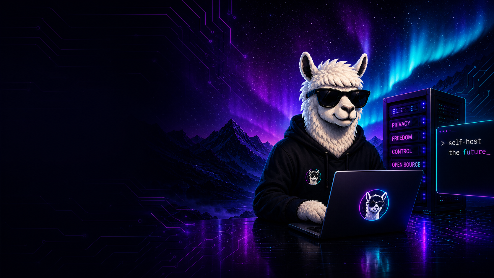 Crazy Alpaca mascot wearing sunglasses beside a laptop, server rack, neon aurora, mountains, and terminal panel.