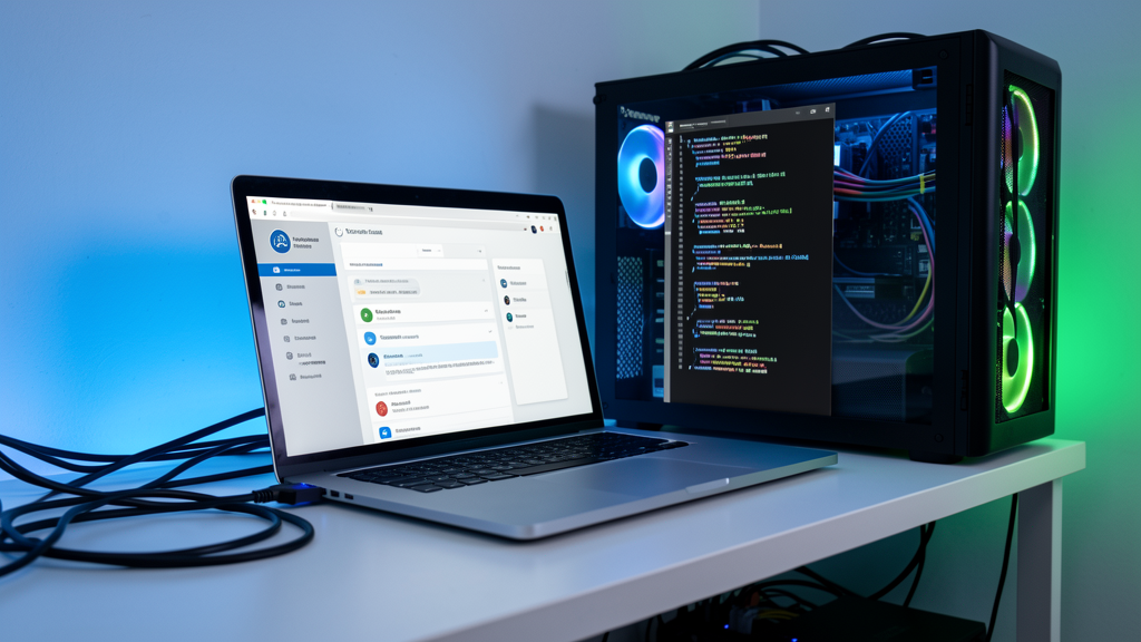 Modern homelab server and laptop showing Open WebUI and Ollama running in Docker Compose on a private network.